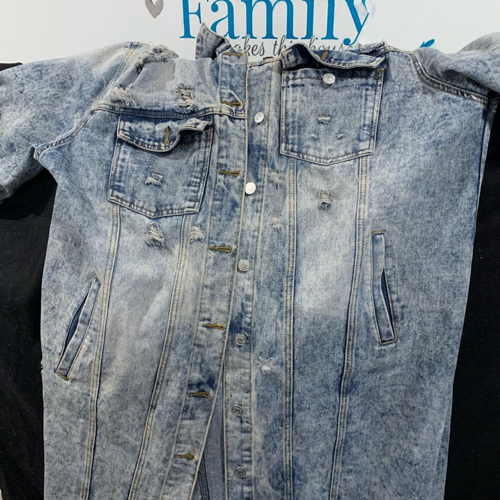 Distressed XL  length denim jacket